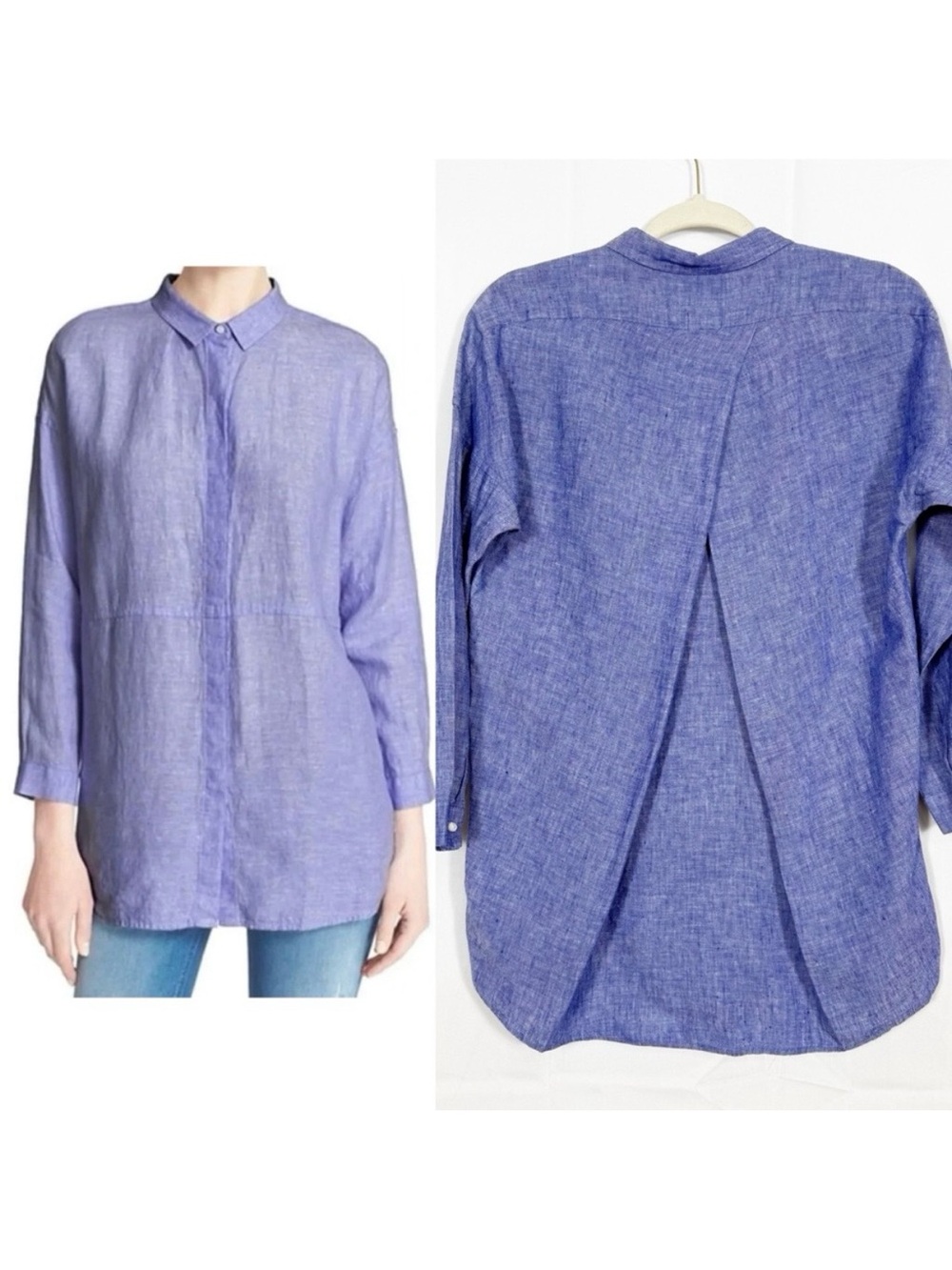 AYR The Coastline Linen Button Down Tunic Top Indigo Blue Coastal Lagenlook